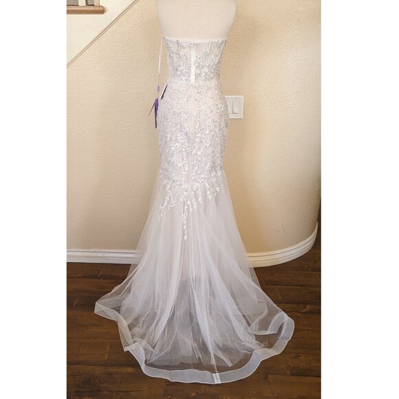French White Strapless Sequin Corset Formal Mermaid Wedding Dress 4 - Picture 5 of 8